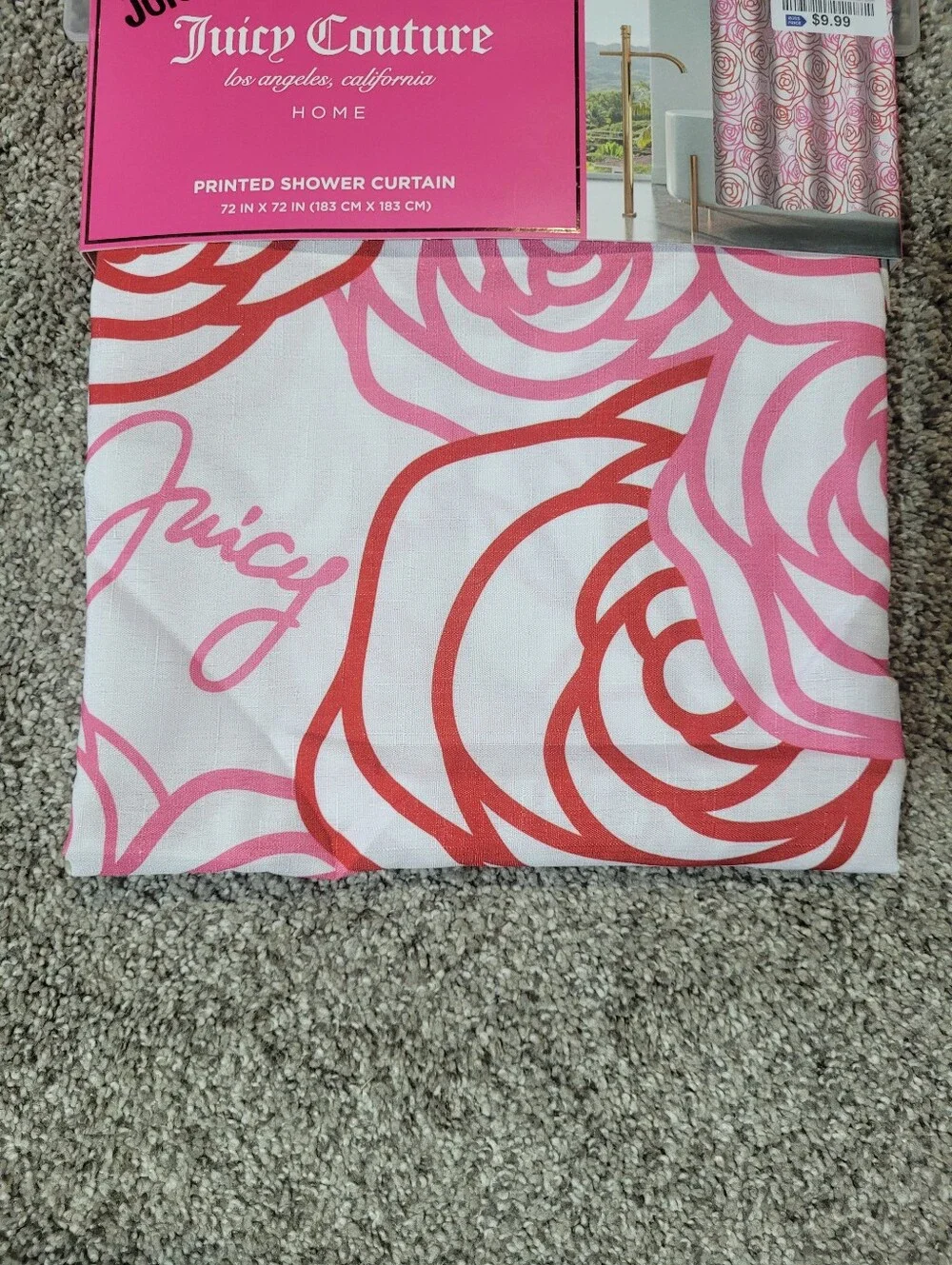 Juicy Couture Fabric Shower Curtain 72x72 Pink Red Floral Logo Spellout Y2K